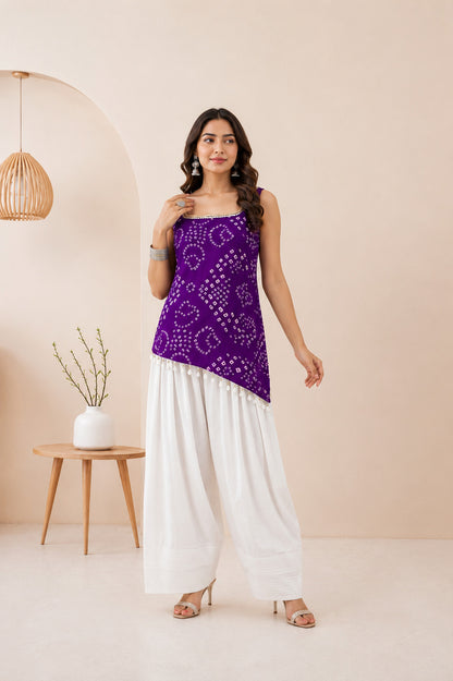 ISHVIKA PURPLE ASYMETTRIC BANDHEJ FARSHI SET