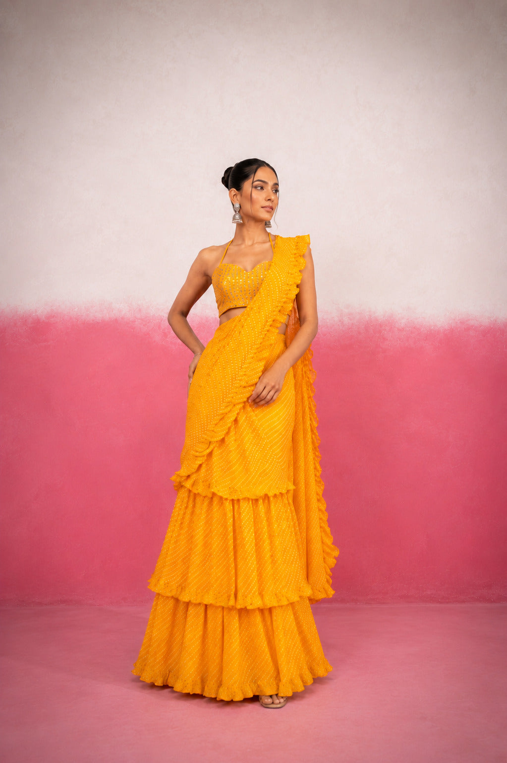 KRITHYA YELLOW LEHERIYA RUFFLE SAREE