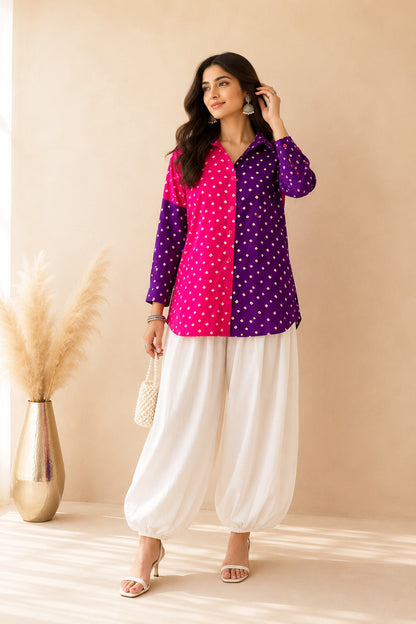 ZOHI BANDHEJ SHIRT AND BALLOON PANTS COORD SET