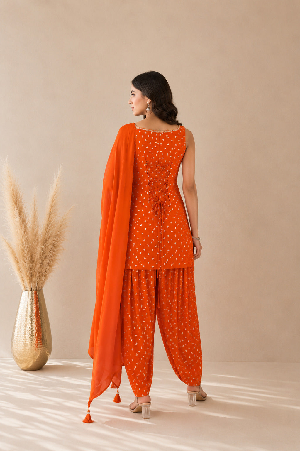 YAMINI ORANGE BANDHEJ FARSHI SET