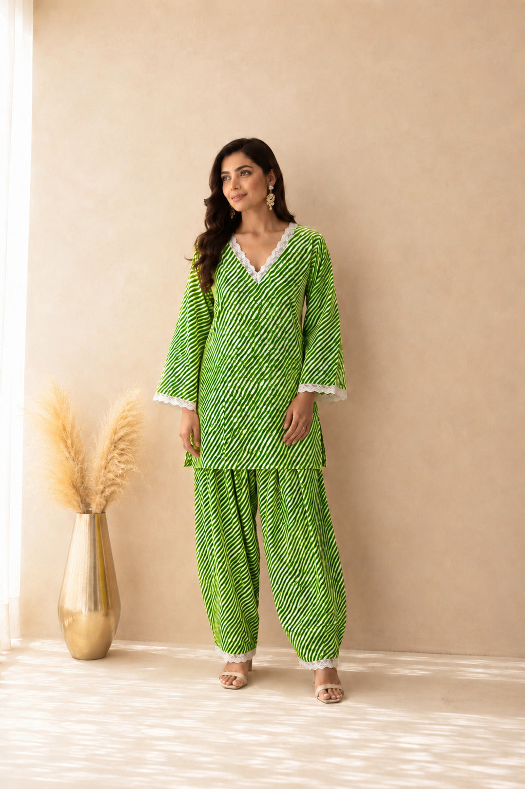 MALINI GREEN COTTON LEHERIYA FARSHI SET