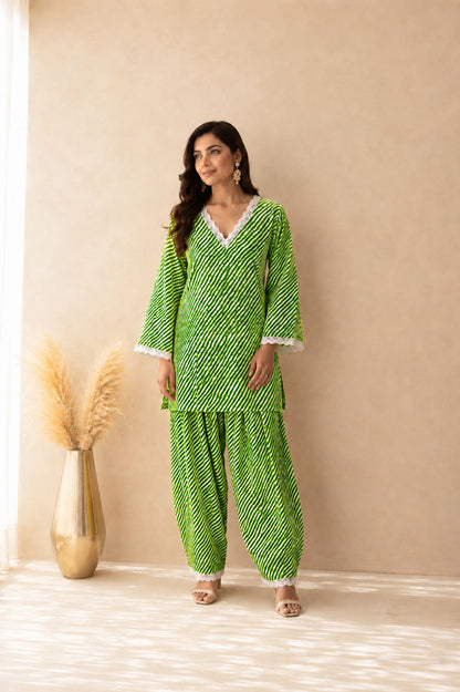 MALINI GREEN COTTON LEHERIYA FARSHI SET