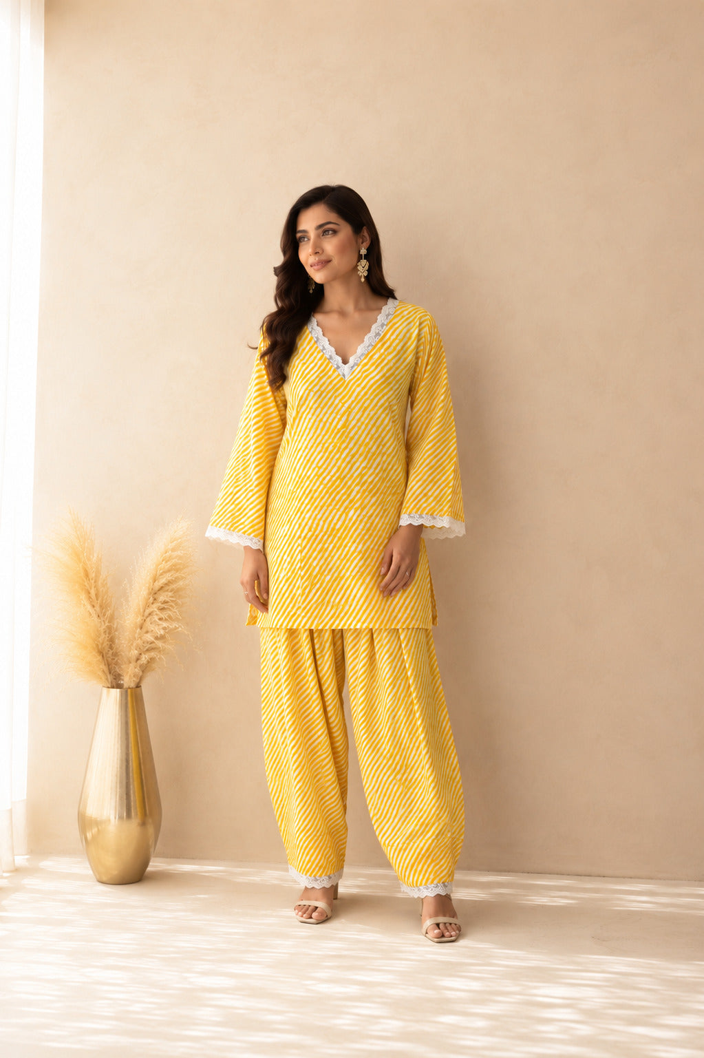 DHARINI YELLOW COTTON LEHERIYA FARSHI SET