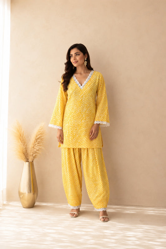 DHARINI YELLOW COTTON LEHERIYA FARSHI SET