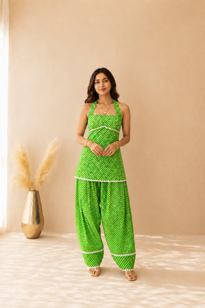 SARVANI GREEN COTTON LEHERIYA FARSHI SET WITH DUPATTA