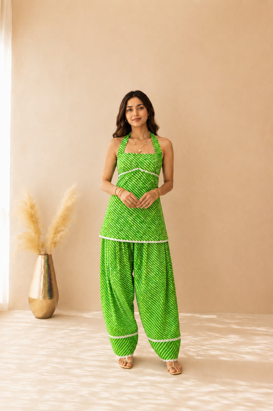 SARVANI GREEN COTTON LEHERIYA FARSHI SET WITH DUPATTA