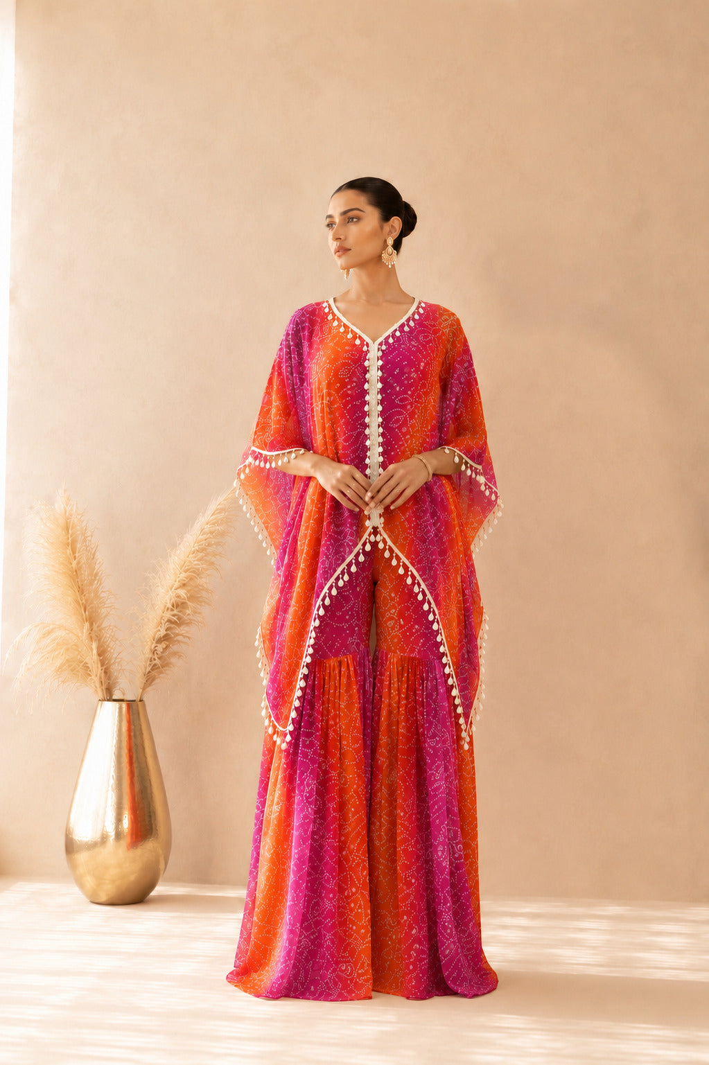 MAHEYA ORANGE OMBRE BANDHEJ KAFTAN SHARARA SET