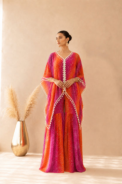 MAHEYA ORANGE OMBRE BANDHEJ KAFTAN SHARARA SET