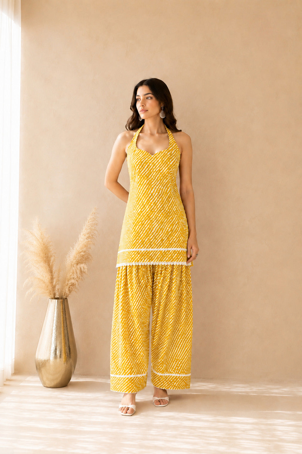 SURBHI YELLOW COTTON LEHERIYA FARSHI SET WITH DUPATTA