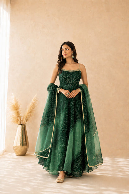 ZARISHA OMBRE GREEN BANDHEJ ANARKALI SET