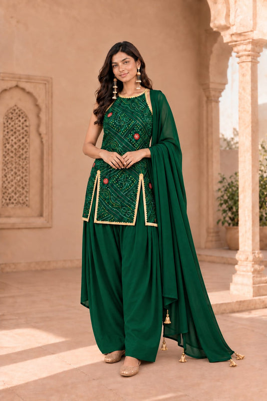 SONAM GREEN BANDHEJ PATIALA SET