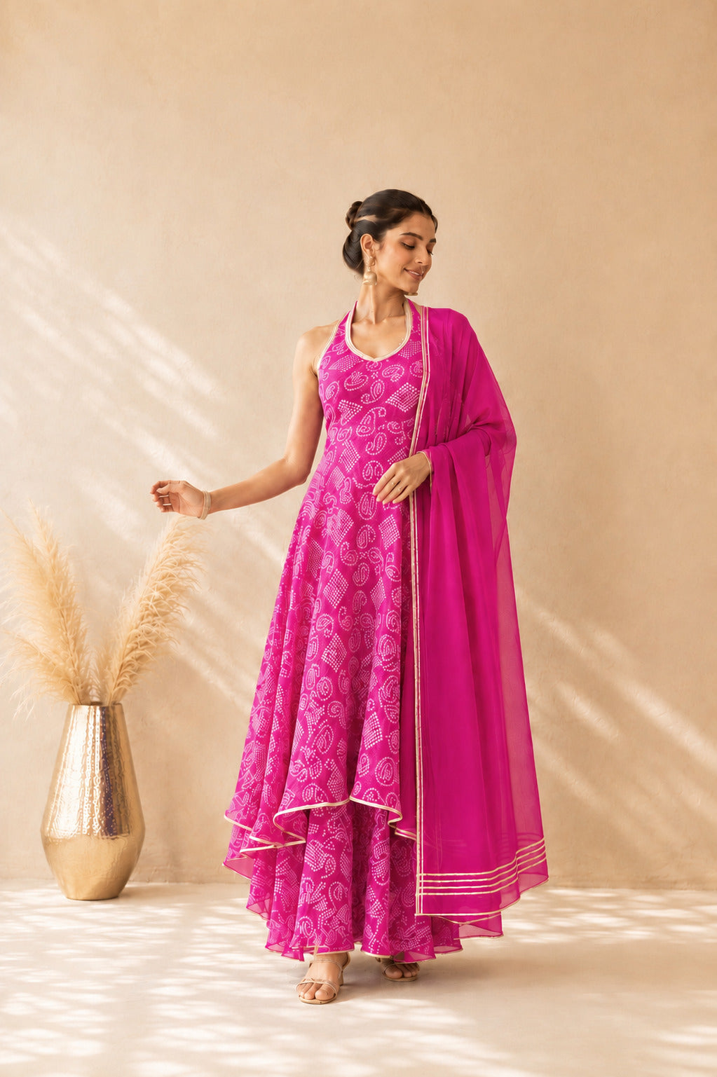 CHANDRI PINK BANDHEJ HALTER ANARKALI SET