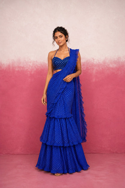 SRIJAA ROYAL BLUE LEHERIYA RUFFLE SAREE