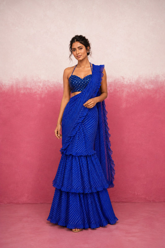 SRIJAA ROYAL BLUE LEHERIYA RUFFLE SAREE