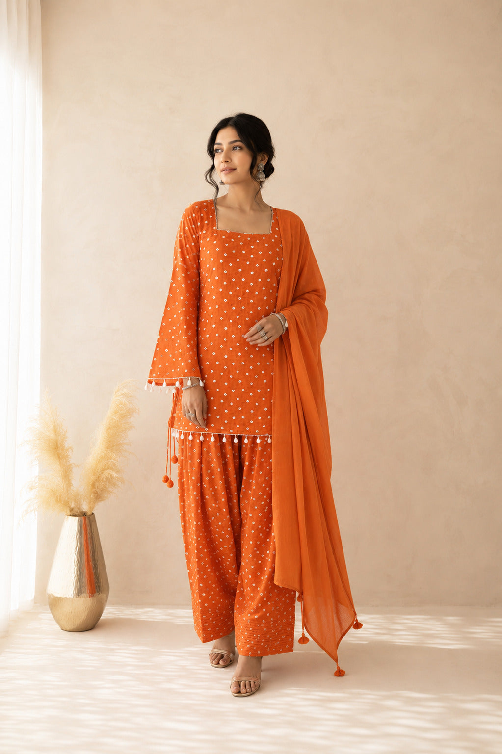 DIVYANGI ORANGE BANDHEJ FARSHI SET