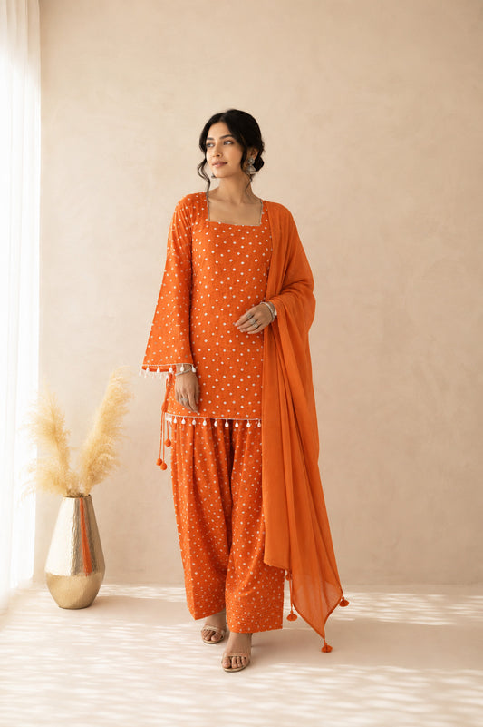 DIVYANGI ORANGE BANDHEJ FARSHI SET