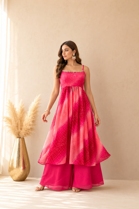LEHERVI PINK OMBRE BANDHEJ NYRA CUT SUIT SET