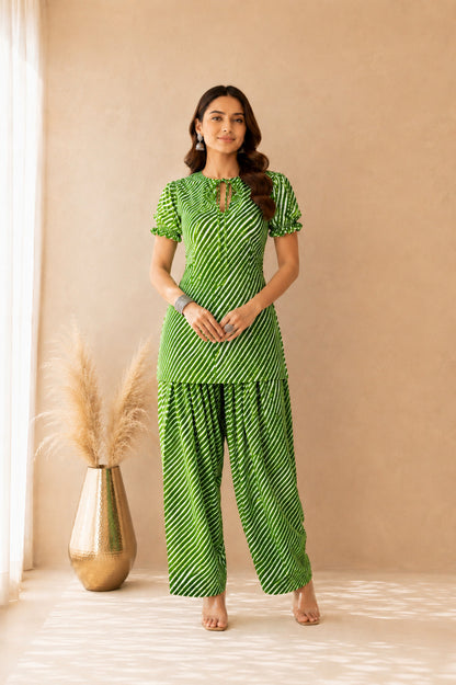 ABHA GREEN COTTON LEHERIYA FARSHI SET