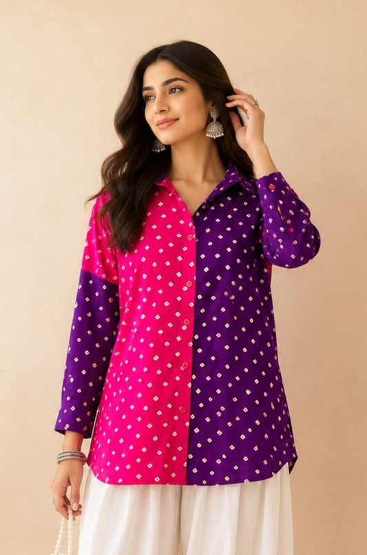 SERAYA PURPLE COLOR BLOCKED BANDHEJ SHIRT