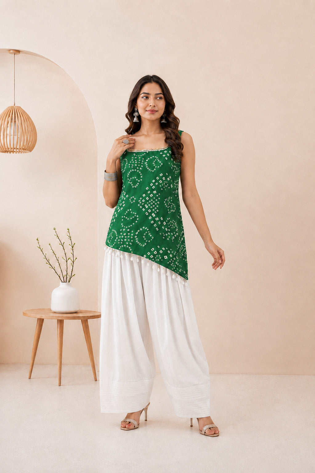 SOHINI GREEN ASYMETTRIC BANDHEJ FARSHI SET