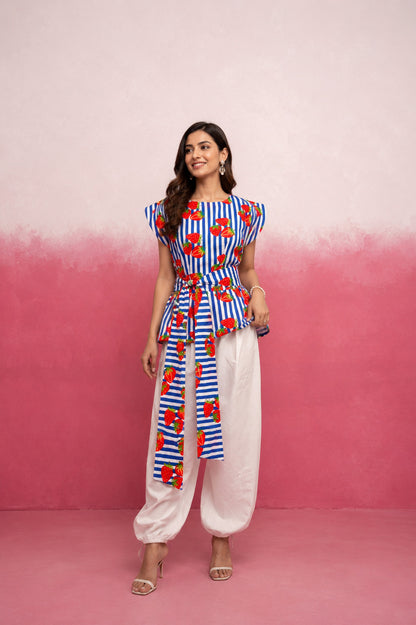 ARSHI BLUE STRAWBERRY STRIPE BALLOON COORD SET WITH BELT