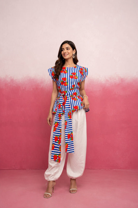 AARSHI BLUE STRAWBERRY STRIPE BALLOON COORD SET WITH BELT
