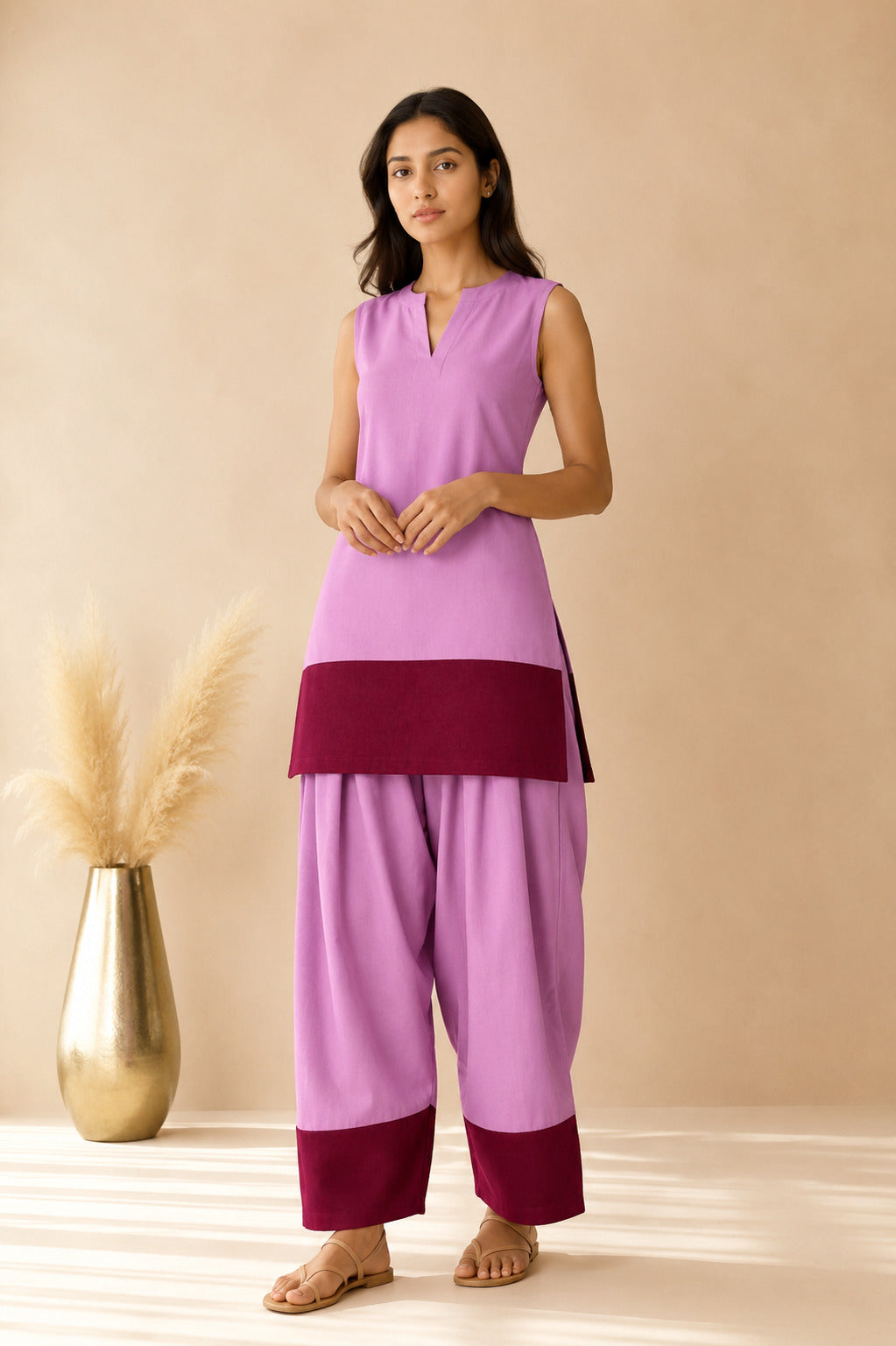 RAHEEL MAUVE & CHERRY COLOUR BLOCK FARSHI SET