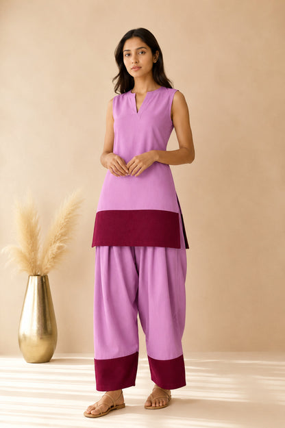 RAHEEL MAUVE & CHERRY COLOUR BLOCK FARSHI SET