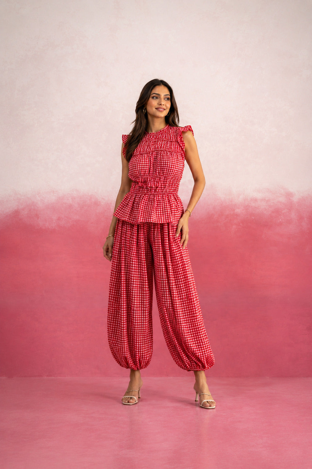 ALARIKA RED GINGHAM BALLOON COORD SET