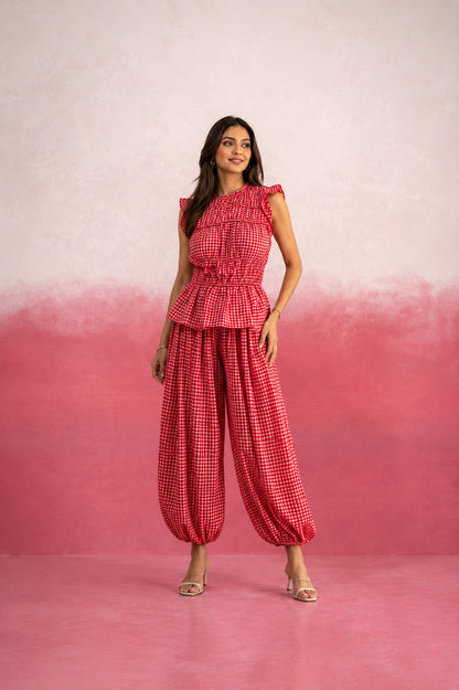 ALARIKA RED GINGHAM BALLOON COORD SET