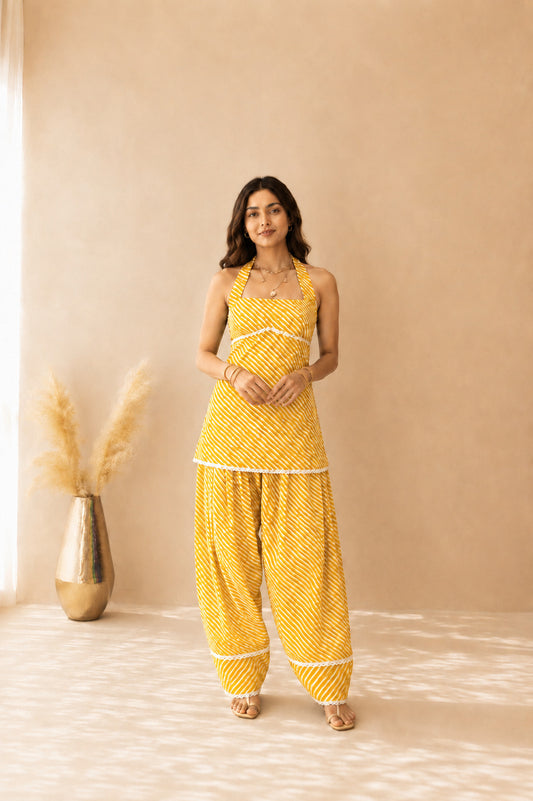 RIMI YELLOW COTTON LEHERIYA FARSHI SET WITH DUPATTA