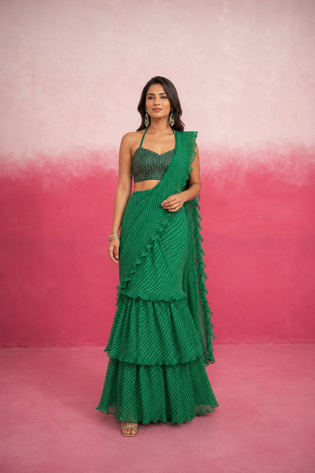 RAGVI GREEN LEHERIYA RUFFLE SAREE