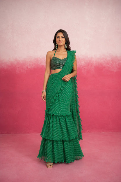 RAGVI GREEN LEHERIYA RUFFLE SAREE