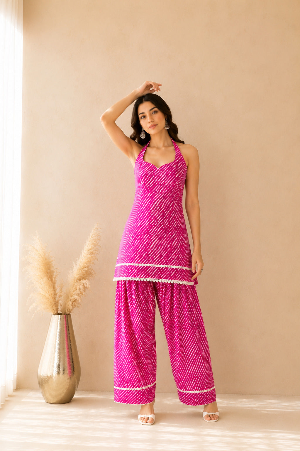 AVNIKA PINK COTTON LEHERIYA FARSHI SET WITH DUPATTA