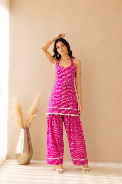 AVNIKA PINK COTTON LEHERIYA FARSHI SET WITH DUPATTA