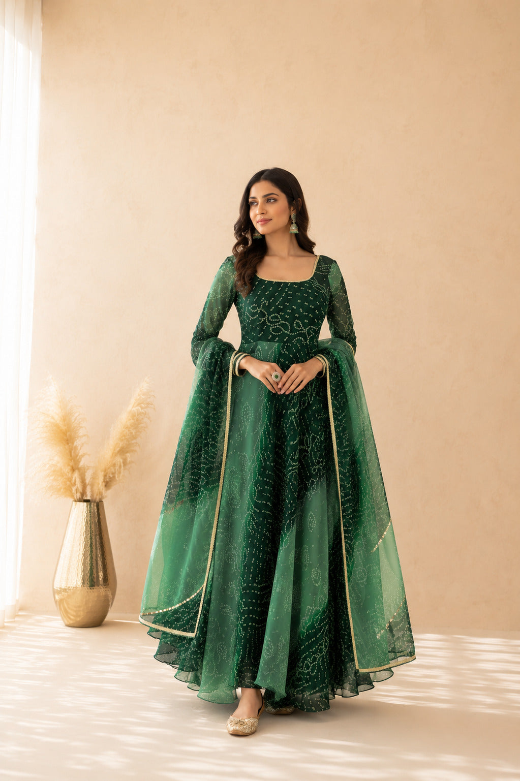LEHZA GREEN OMBRE BANDHEJ ANARKALI SET