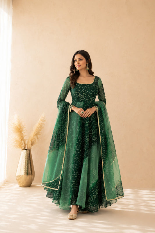 LEHZA GREEN OMBRE BANDHEJ ANARKALI SET