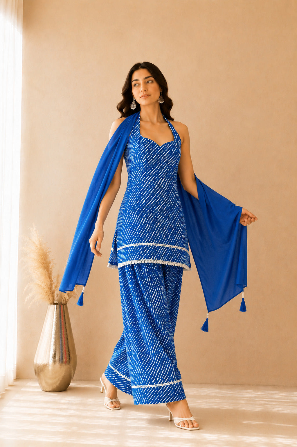 MEHREEN BLUE COTTON LEHERIYA FARSHI SET WITH DUPATTA