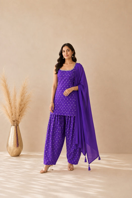 UNNATI PURPLE BANDHEJ FARSHI SET
