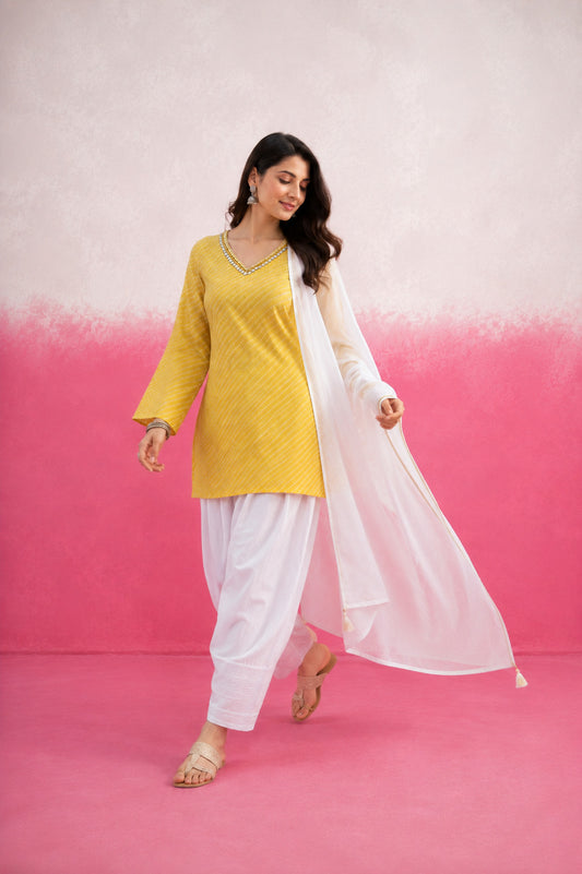 ALARI YELLOW LEHERIYA FARSHI SET