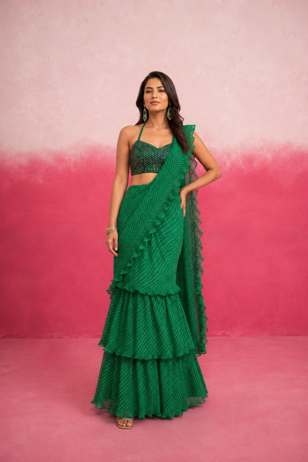 RAGVI GREEN LEHERIYA RUFFLE SAREE