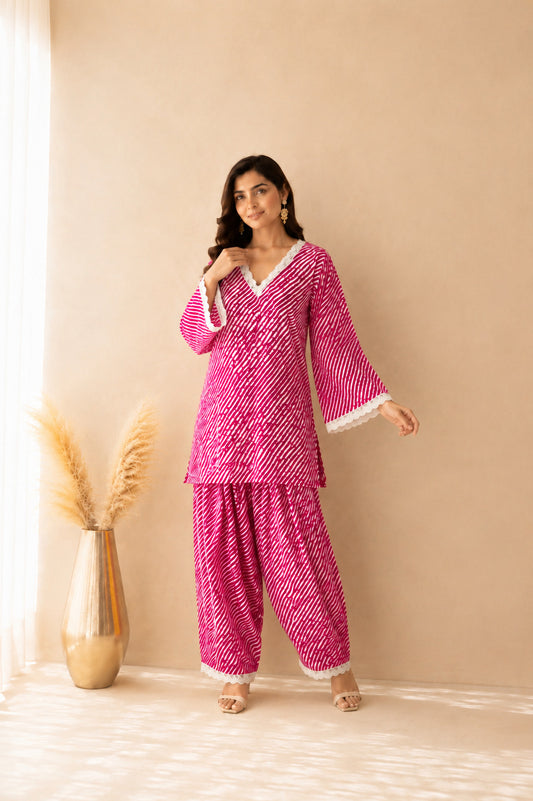 AASHNA PINK COTTON LEHERIYA FARSHI SET
