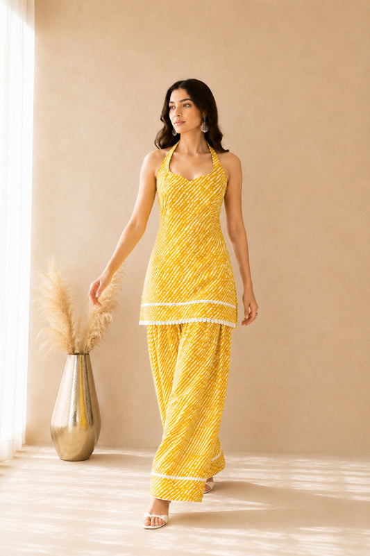 SURBHI YELLOW COTTON LEHERIYA FARSHI SET WITH DUPATTA