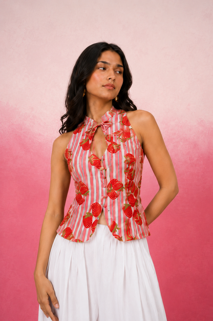 PRADYA PINK STRAWBERRY STRIPE BALLOON COORD SET