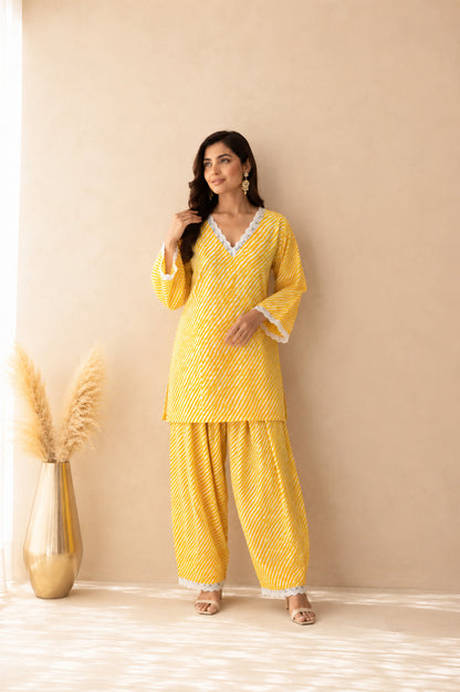 DHARINI YELLOW COTTON LEHERIYA FARSHI SET