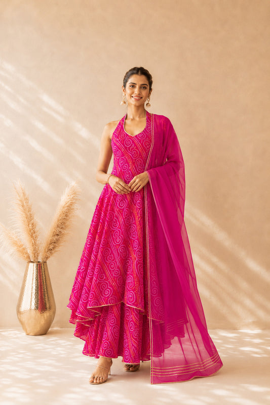 AROVIA PINK BANDHEJ HALTER ANARKALI SET