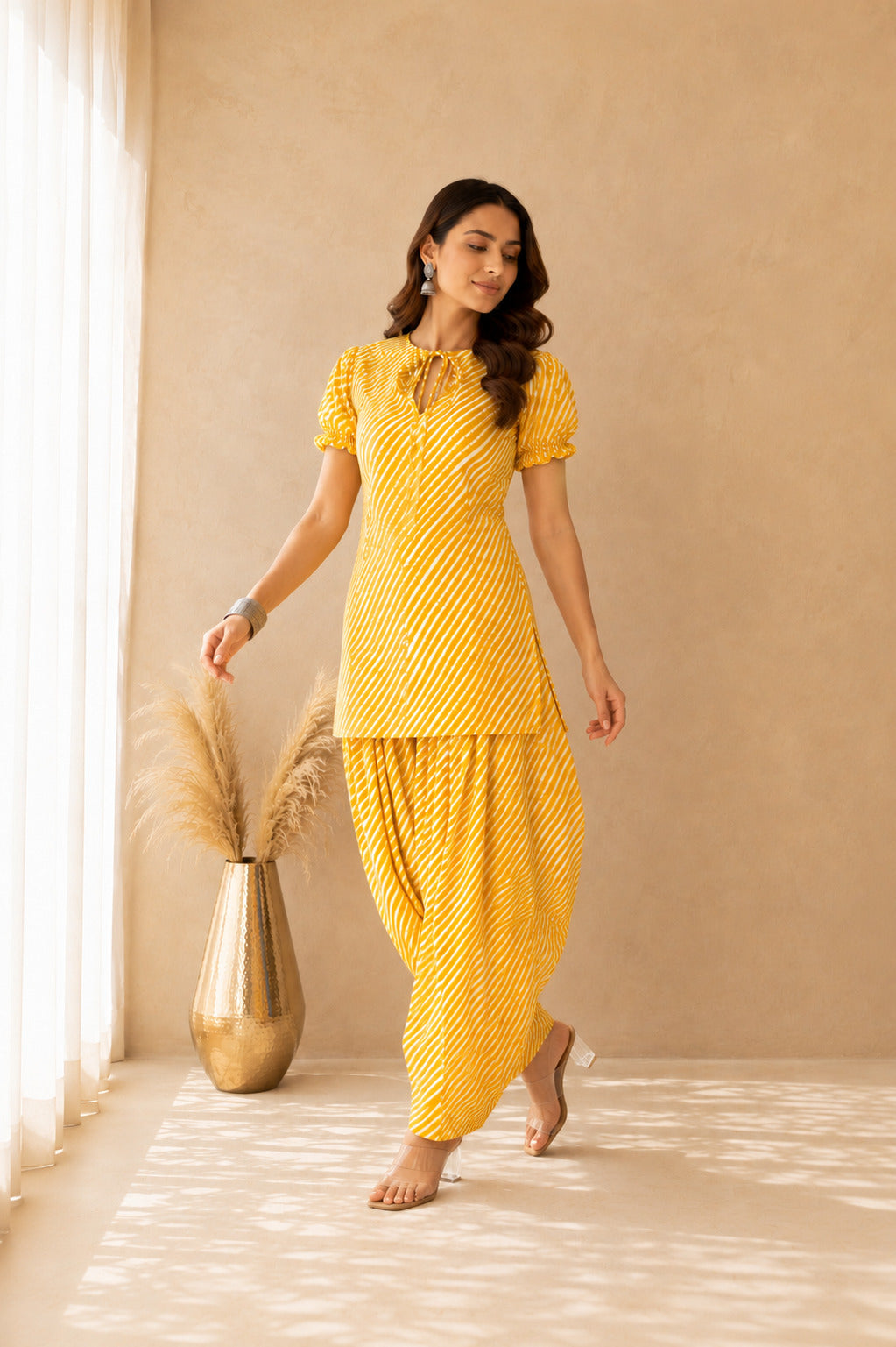 PALLAVI YELLOW COTTON LEHERIYA FARSHI SET