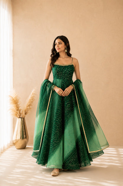ZARISHA OMBRE GREEN BANDHEJ ANARKALI SET