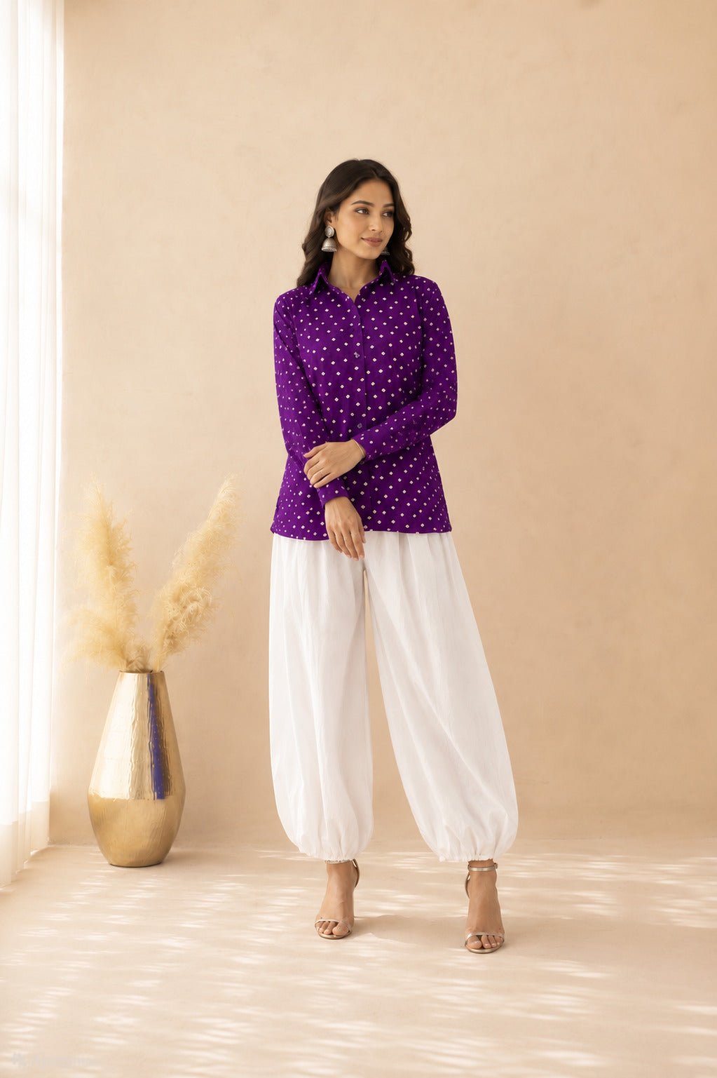 SHARVI PURPLE BANDHEJ SHIRT AND BALLOON PANTS COORD SET