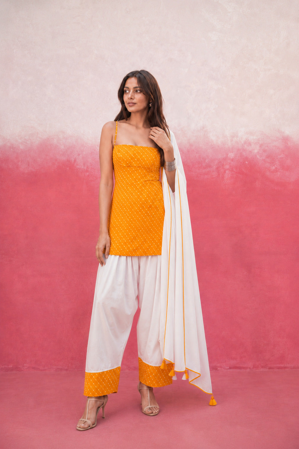 MADHVI YELLOW GEORGETTE MOTHRA FARSHI SET